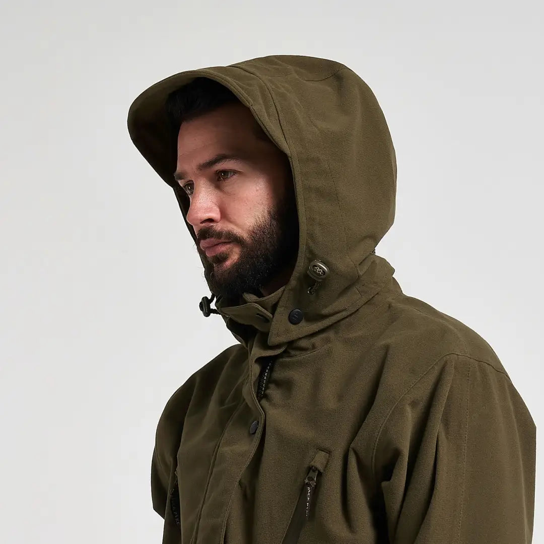 Olive green Jack Pyke Argyll hooded smock with drawstring and buttons