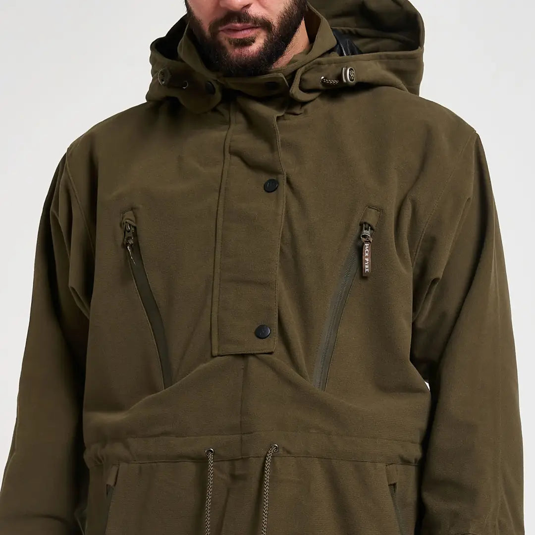 Olive green Jack Pyke Argyll hooded smock with black buttons and drawstring waist