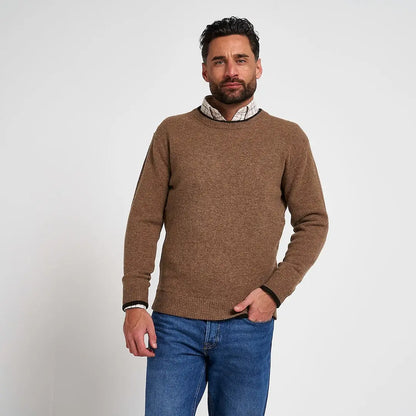 Jack Pyke Ashcombe lambswool crewknit pullover in camel ribbed knit with black trim
