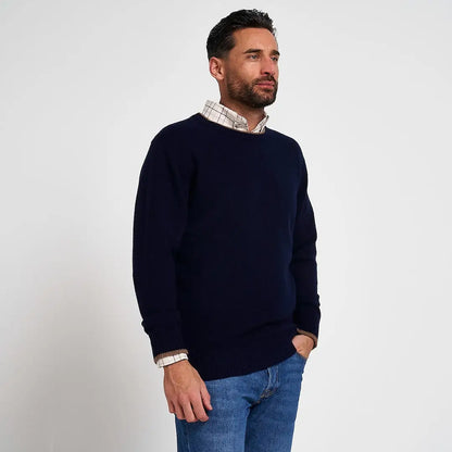 Jack Pyke Ashcombe navy crewneck lambswool sweater with plaid trim