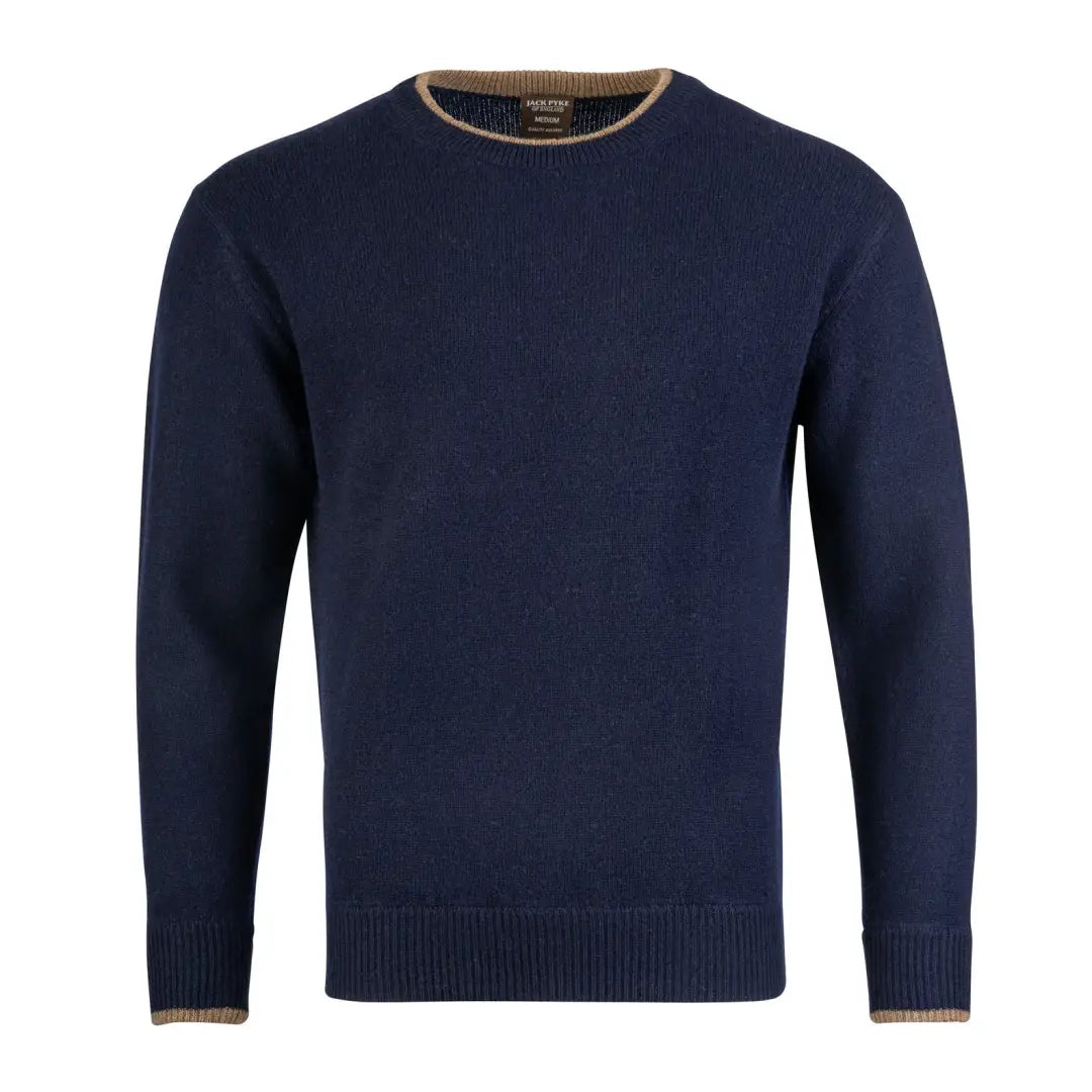 Navy blue Jack Pyke Ashcombe sweater with tan trim at neckline and cuffs