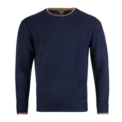 Navy blue Jack Pyke Ashcombe sweater with tan trim at neckline and cuffs
