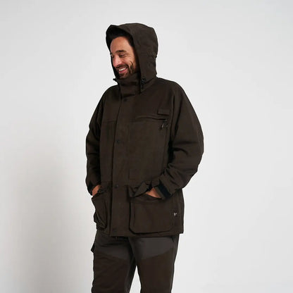 Dark brown Jack Pyke Ashcombe hooded jacket with pockets and buttons