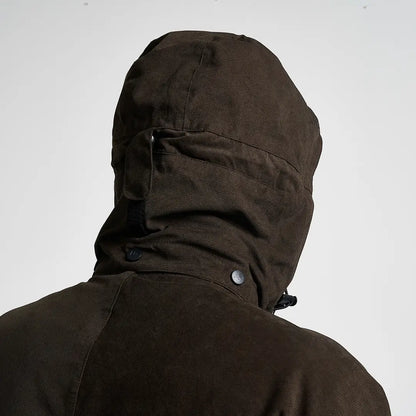 Dark brown Jack Pyke Ashcombe hooded jacket with textured fabric and drawstring
