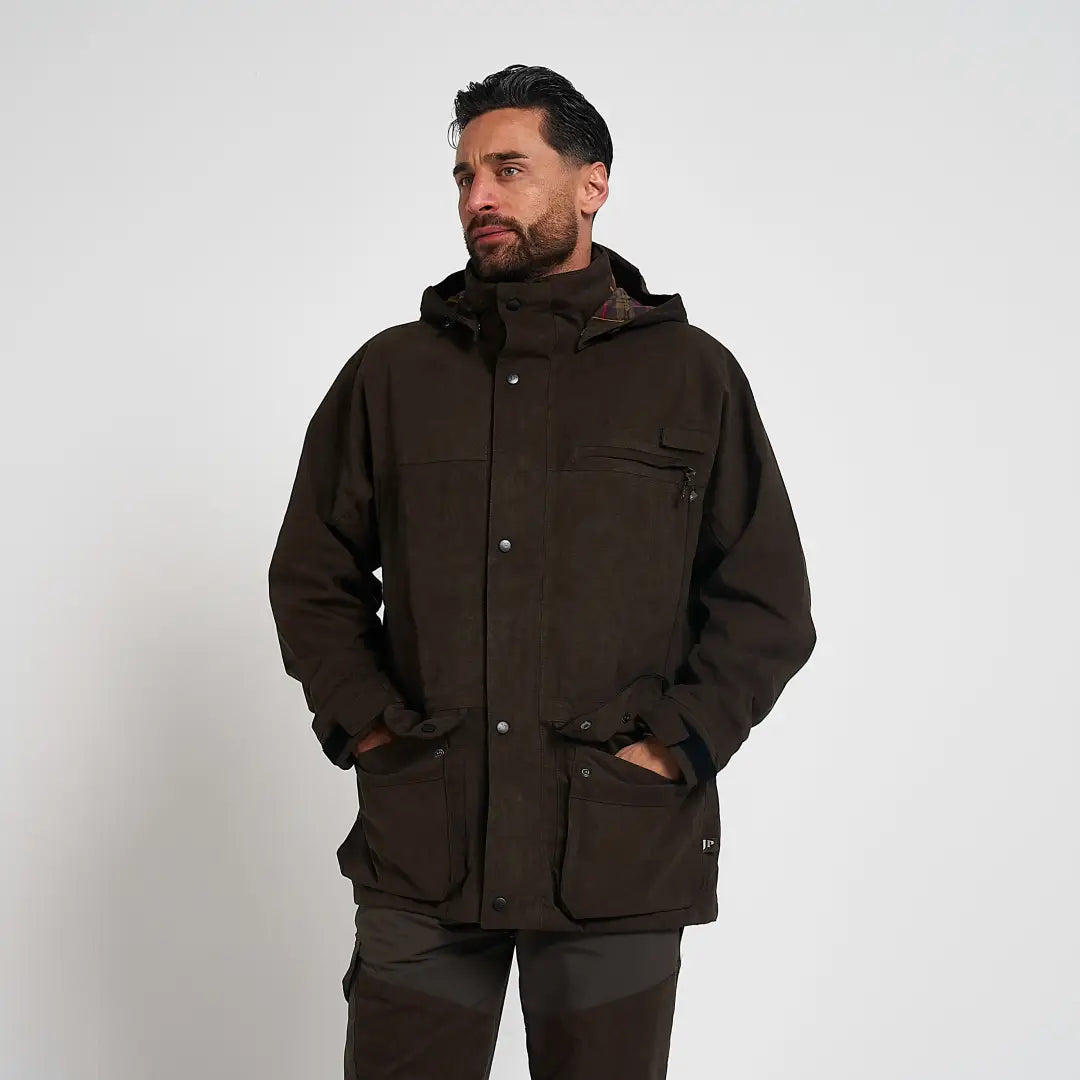 Jack Pyke Ashcombe dark brown water-resistant field jacket with hood and pockets