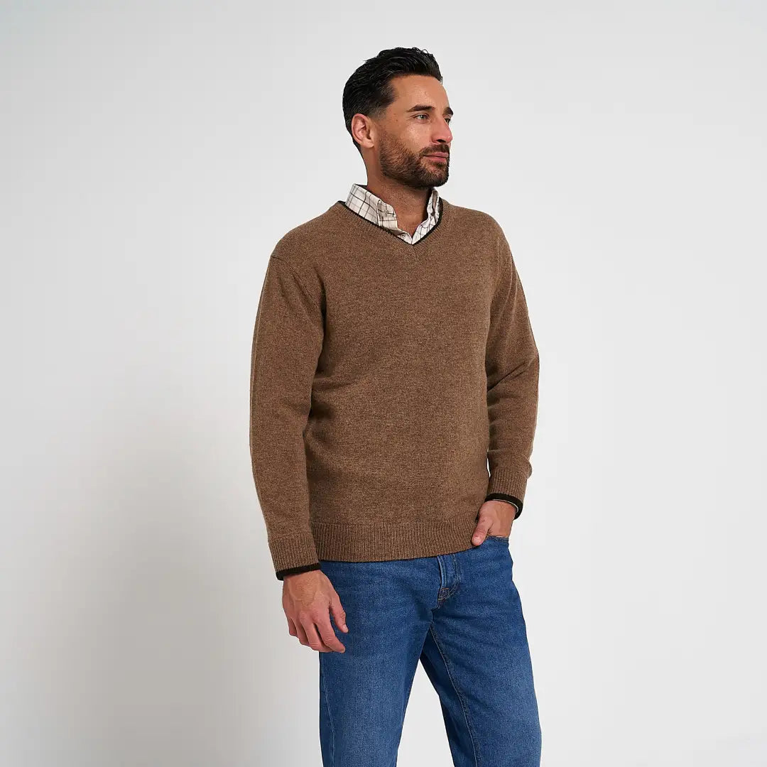 Jack Pyke Ashcombe V-neck jumper in camel over plaid shirt