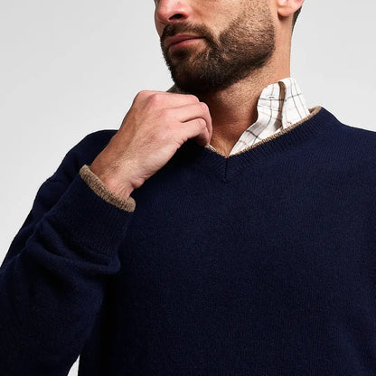 Jack Pyke Ashcombe navy blue V-neck jumper with beige trim