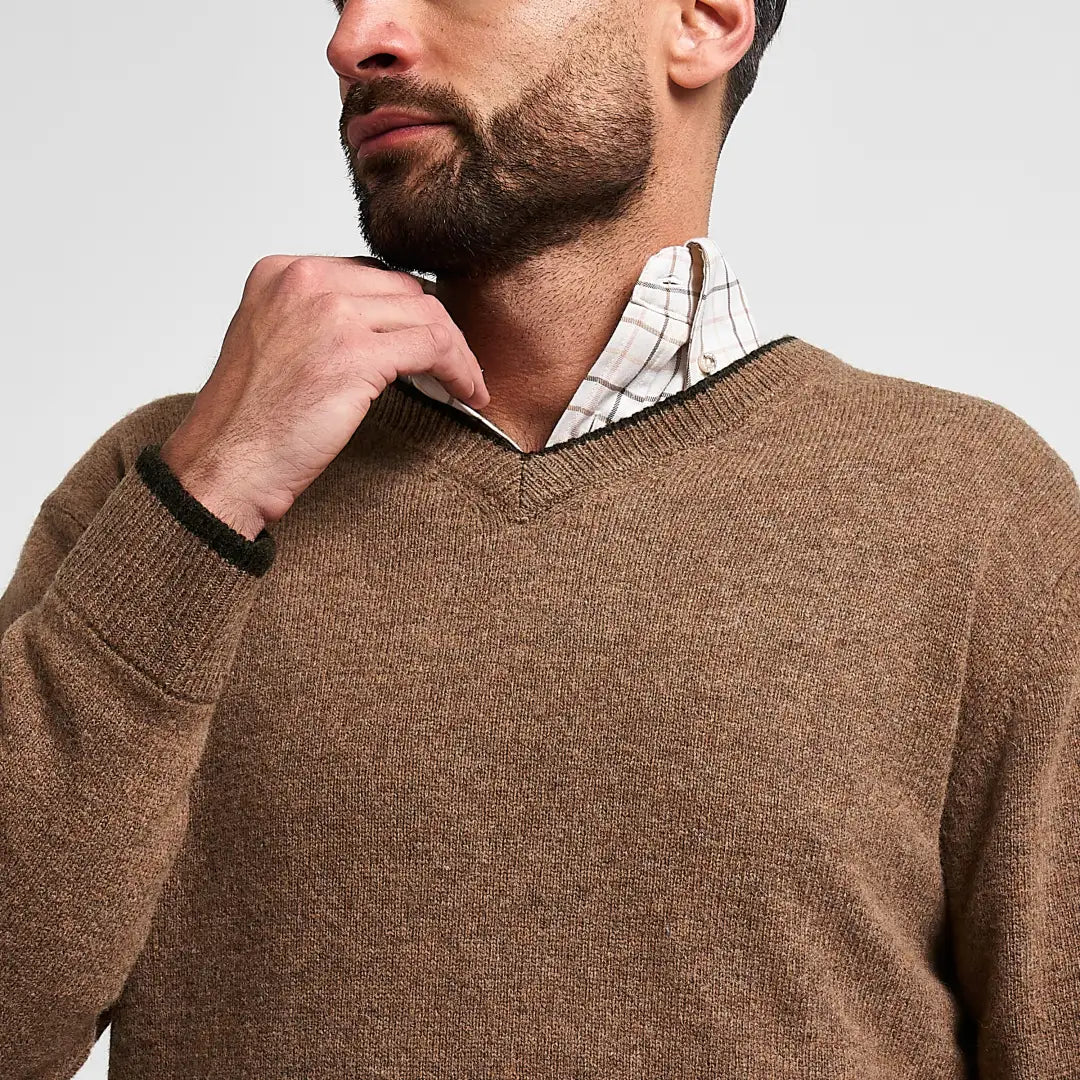 Jack Pyke Ashcombe brown v-neck jumper with textured knit and black cuffs