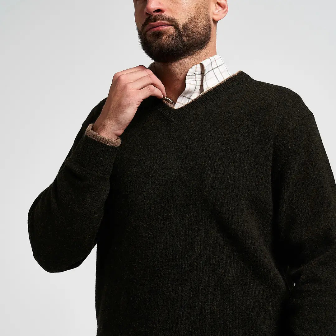 Jack Pyke Ashcombe black v-neck jumper with textured knit and tan cuffs
