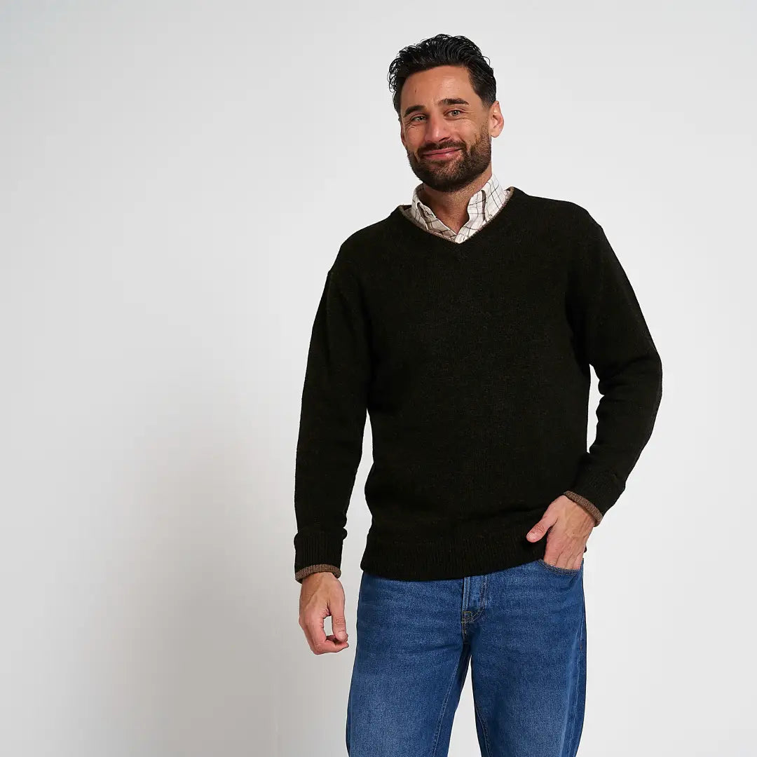 Jack Pyke Ashcombe black v-neck jumper over plaid shirt