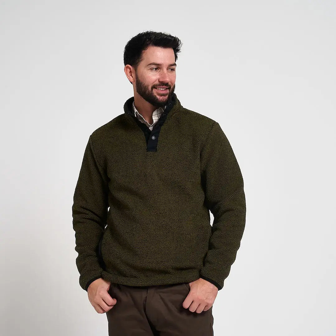 Jack Pyke Ashdown Fleece Top in olive green textured knit with dark collar and button details