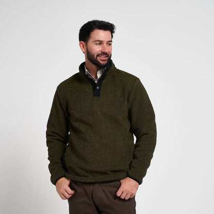 Jack Pyke Ashdown Fleece Top in olive green textured knit with dark collar and button details