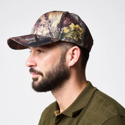 Jack Pyke camo panel baseball hat with earthy tones and adjustable strap