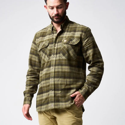 Jack Pyke Bleasdale heavy flannel shirt in olive green and dark brown plaid with button pocket