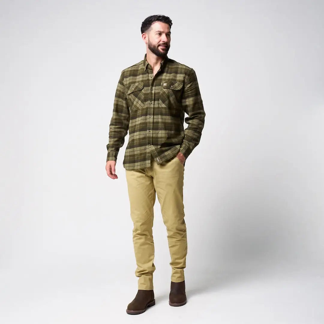 Jack Pyke Bleasdale Heavy olive green and brown plaid long-sleeve shirt with chest pocket