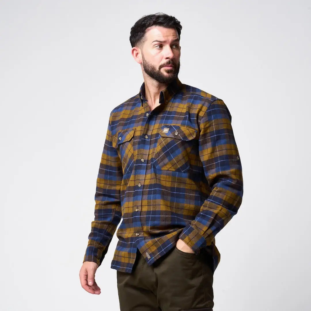 Jack Pyke Bleasdale Heavy Flannel Shirt in blue and mustard plaid