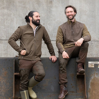 Two men in brown outdoor clothing wearing the Jack Pyke Bleasdale Softshell Jacket