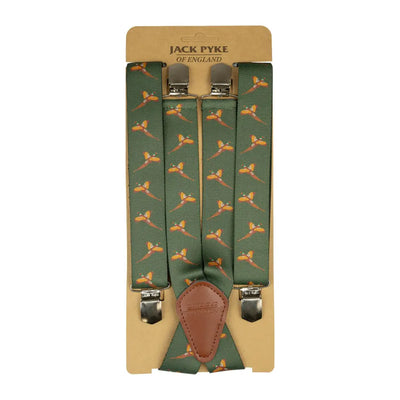 Green Jack Pyke Braces featuring a fun pattern of flying pheasants