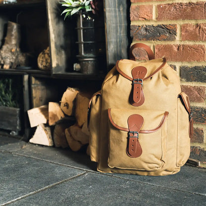 Tan Jack Pyke Canvas Day Pack with brown leather straps and buckles