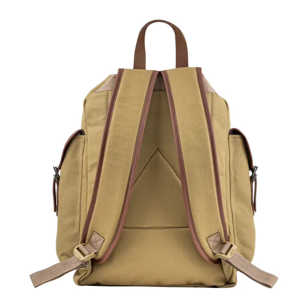 Beige Jack Pyke Canvas Day Pack with brown leather trim and multiple pockets