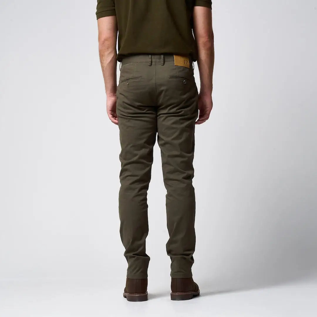 Olive green Jack Pyke chino trousers with tan leather belt loop tab