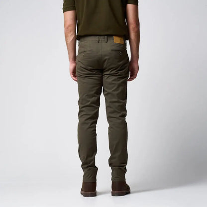 Olive green Jack Pyke chino trousers with tan leather belt loop tab
