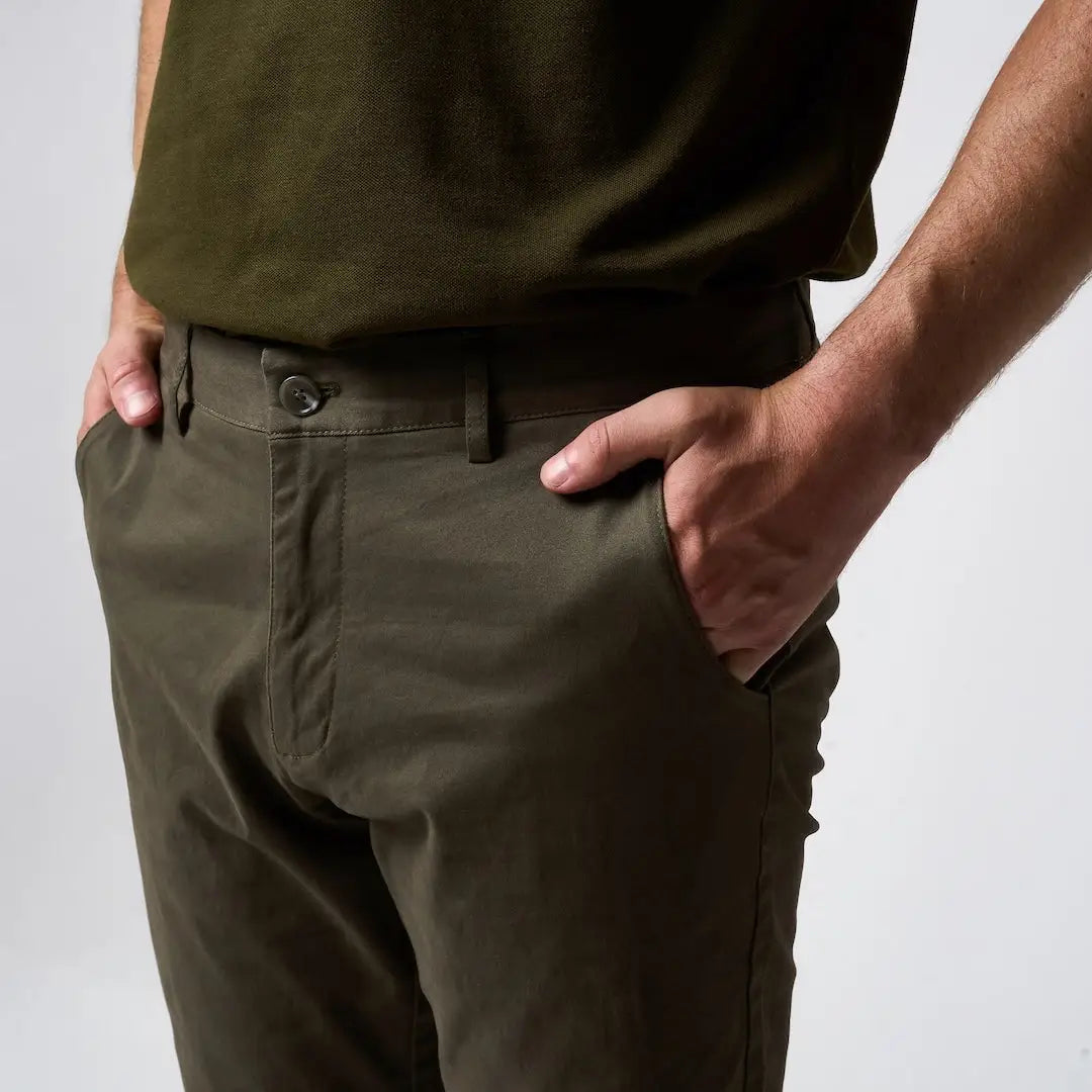 Olive green Jack Pyke Chino trousers with button closure and belt loops