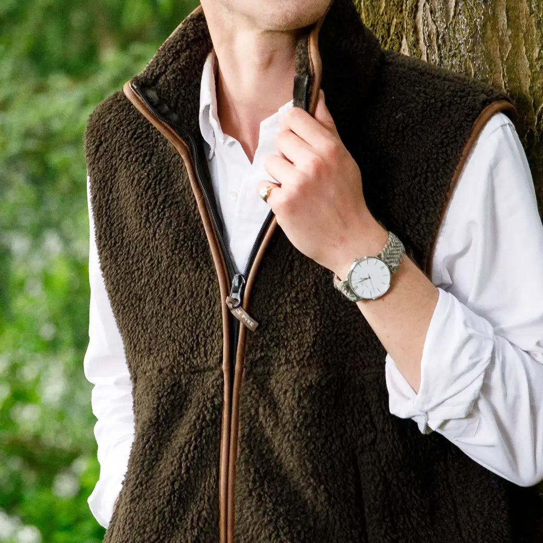Brown fleece vest with leather trim from Jack Pyke Countryman Chunky Fleece Gilet