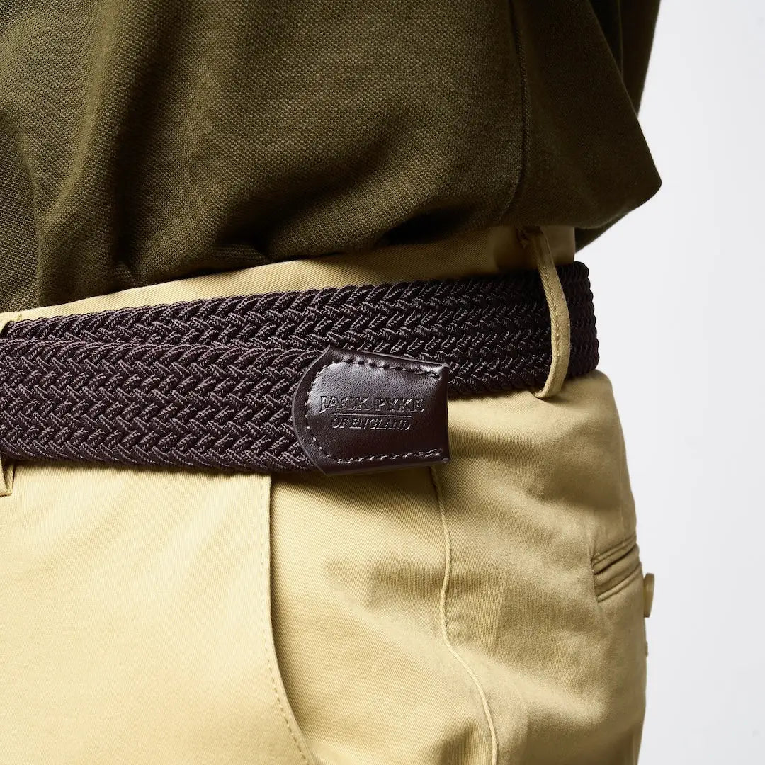 Jack Pyke Countryman elasticated belt in dark brown woven fabric with Ralph Lauren leather tab