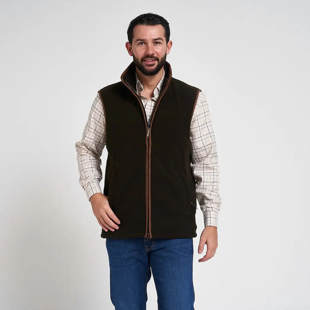 Dark brown Jack Pyke Countryman fleece gilet with tan leather trim