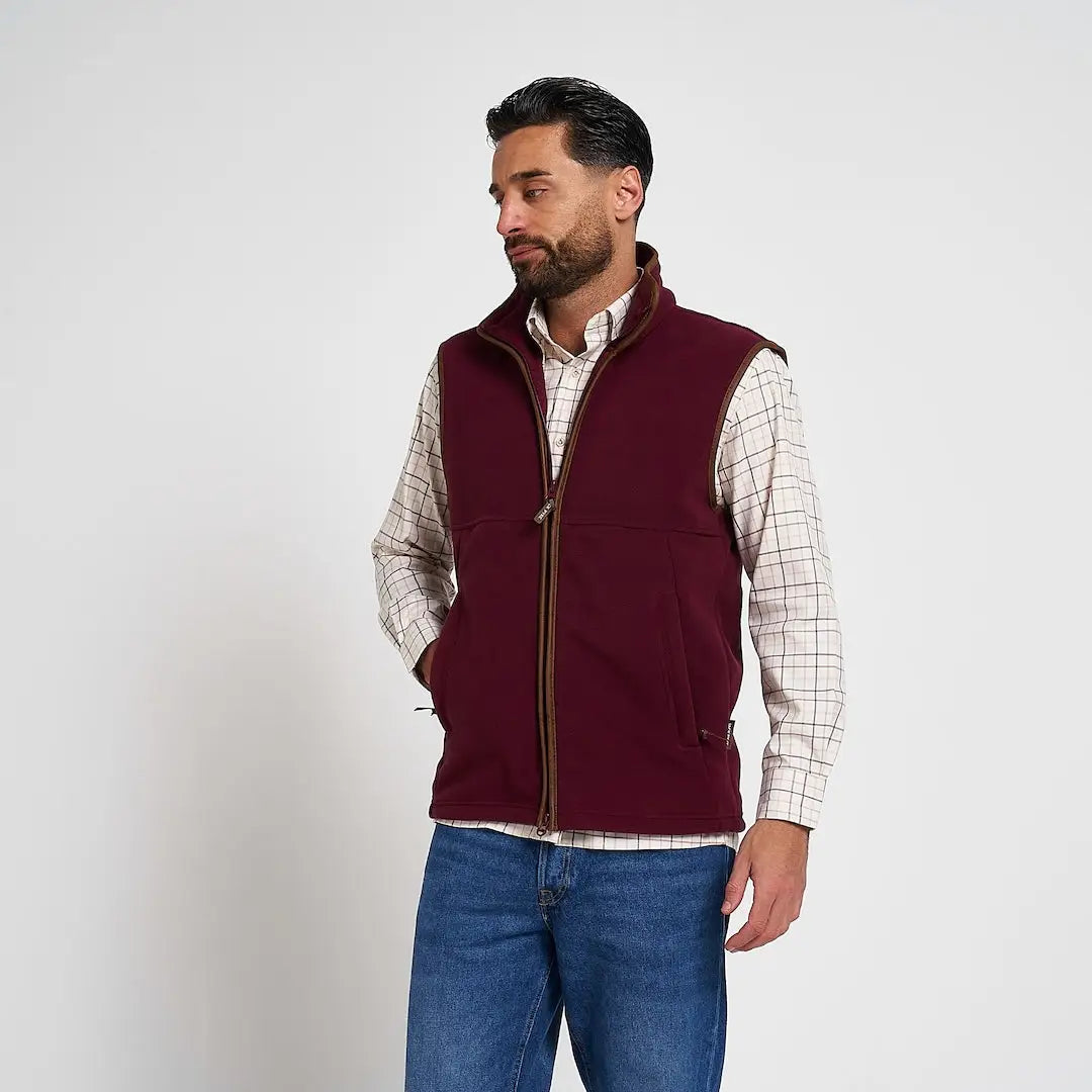 Maroon Jack Pyke Countryman Fleece Gilet with brown zipper trim, 300gsm micro fleece