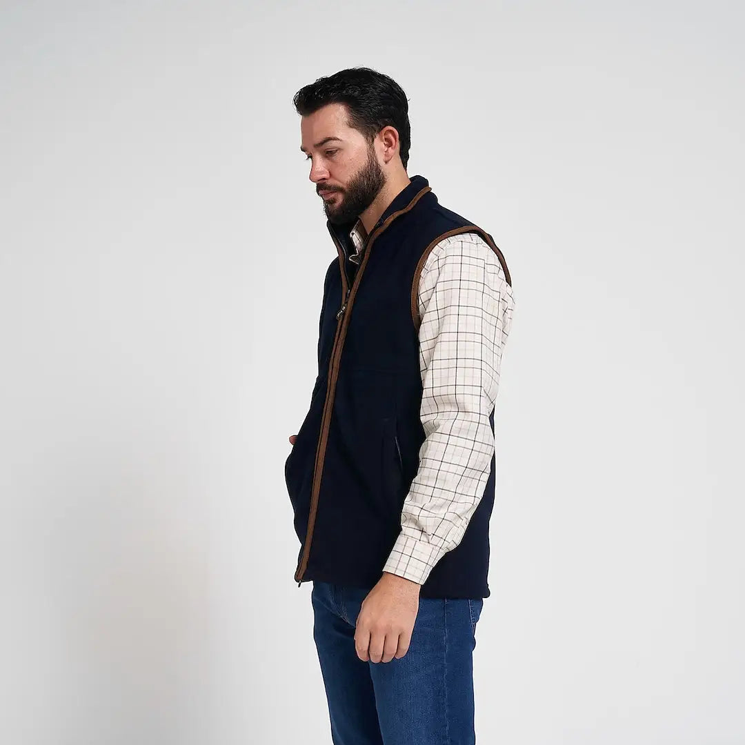 Navy blue Jack Pyke Countryman 300gsm fleece gilet with leather trim