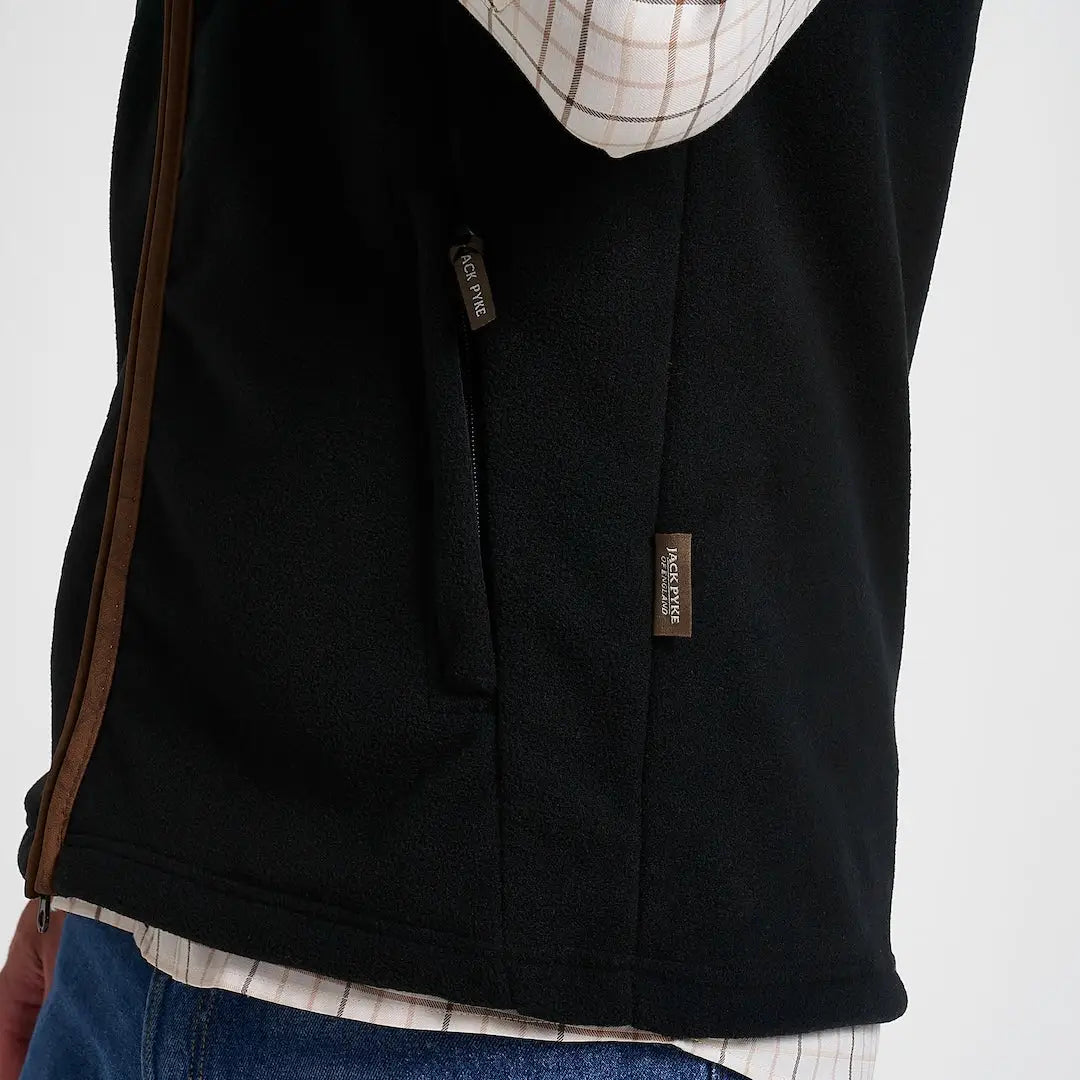 Jack Pyke Countryman 300gsm micro fleece gilet in black with brown zipper trim