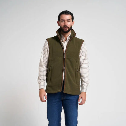 Jack Pyke Countryman Fleece Gilet in olive green with 300gsm micro fleece, nubuck piping, brown zipper, two lower zipped pockets