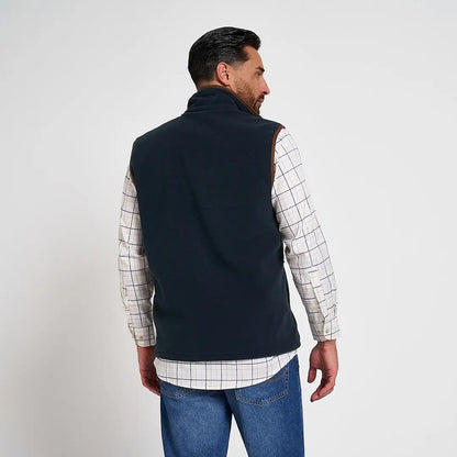 Navy blue Jack Pyke Countryman Fleece Gilet with brown leather trim and 300gsm micro fleece