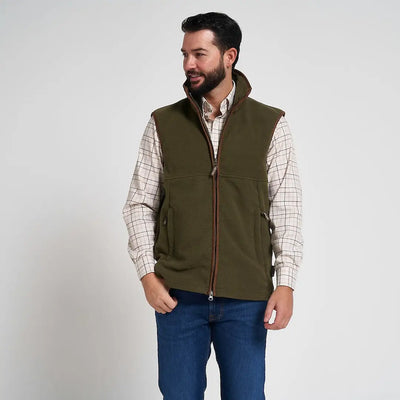 Jack Pyke Countryman olive green 300gsm micro fleece gilet with brown zipper and nubuck piping