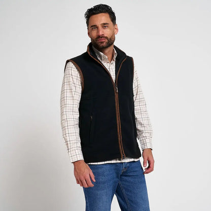 Jack Pyke Countryman 300gsm micro fleece gilet in black with brown leather trim