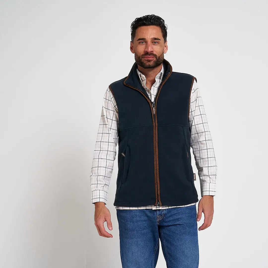 Navy blue Jack Pyke Countryman Fleece Gilet with brown leather trim and 300gsm micro fleece