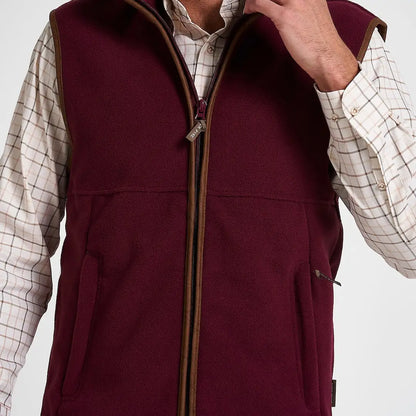 Jack Pyke Countryman Fleece Gilet in maroon with brown leather trim and 300gsm micro fleece