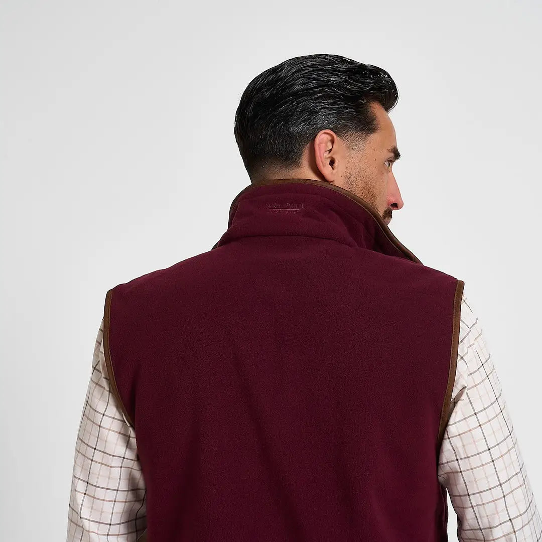 Jack Pyke Countryman Fleece Gilet in maroon with brown leather trim