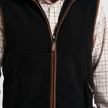 Jack Pyke Countryman 300gsm micro fleece gilet in black with brown leather trim