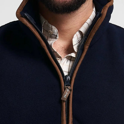 Navy blue Jack Pyke Countryman 300gsm fleece gilet with brown leather trim