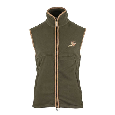 Olive green Jack Pyke Countryman fleece gilet with tan trim and pheasant logo