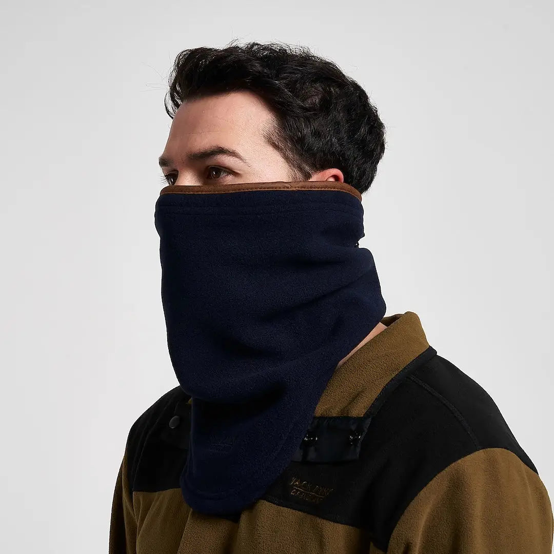 Jack Pyke Countryman navy blue fleece neck gaiter with brown trim