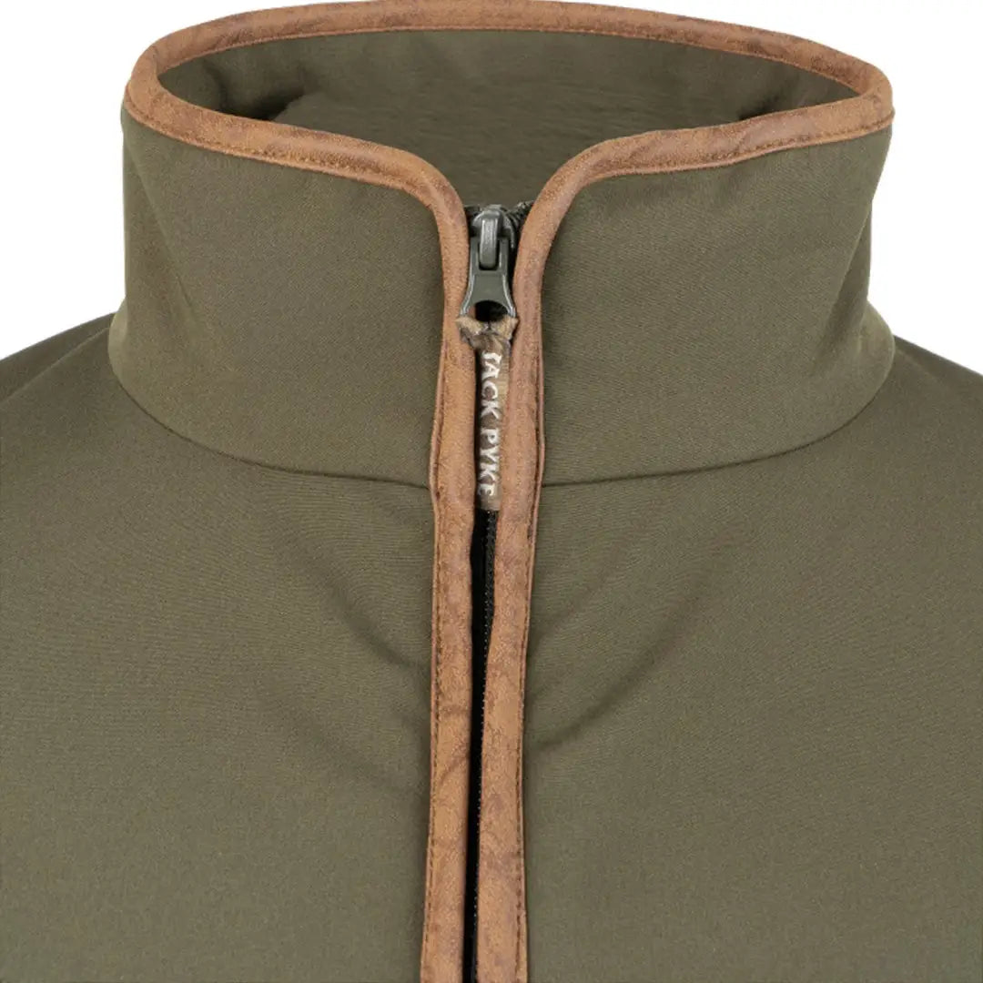 Olive green Jack Pyke County Softshell Jacket with tan trim and zipper detail