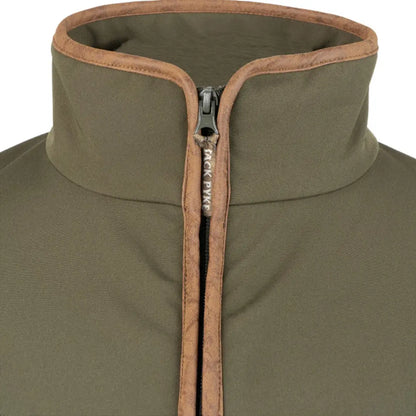 Olive green Jack Pyke County Softshell Jacket with tan trim and zipper detail