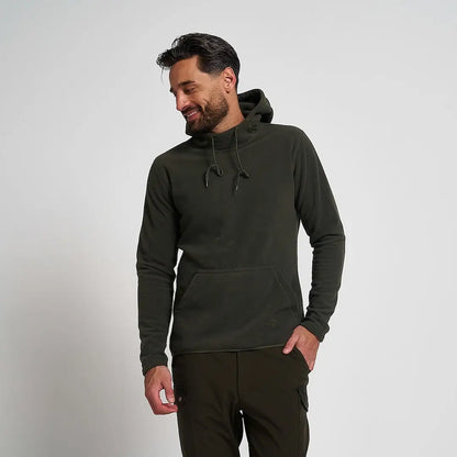 Man in Jack Pyke Fieldman fleece hoodie, dark olive green with hood and pocket
