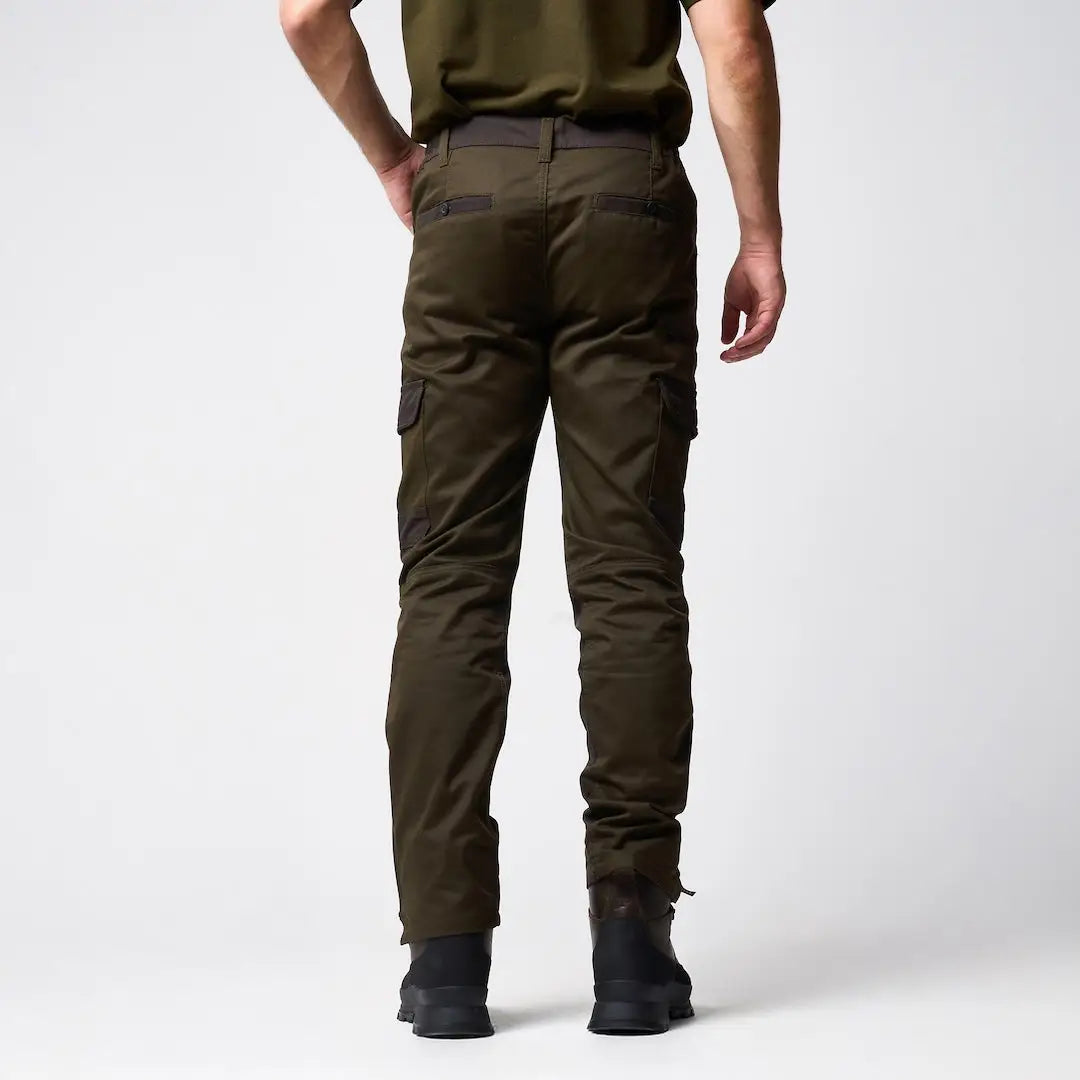 Jack Pyke Fieldman olive green cargo pants with pockets and brown waistband