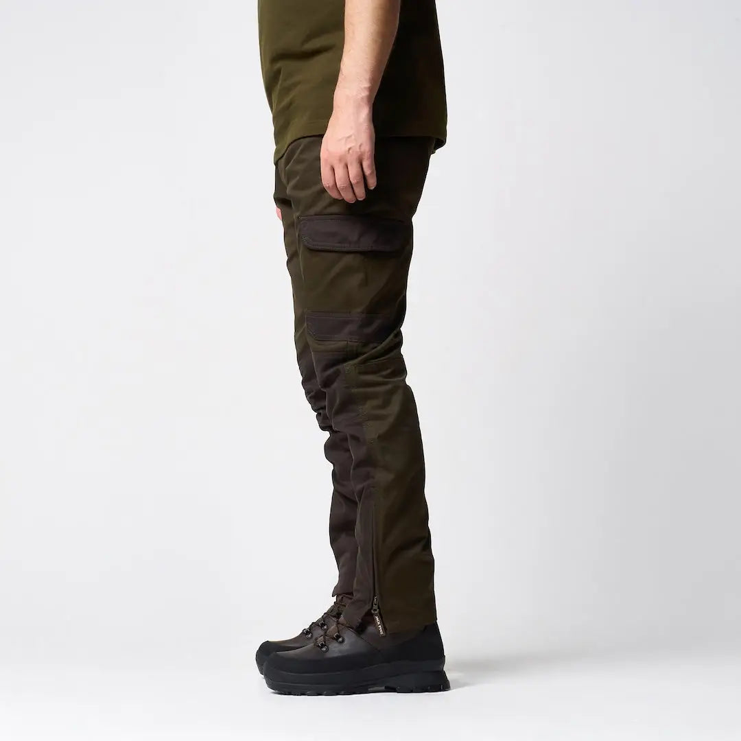 Jack Pyke Fieldman trousers in olive green with brown panels and ankle zipper