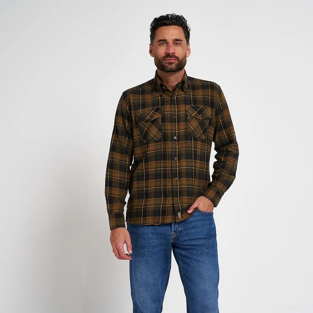 Jack Pyke flannel shirt in brown black plaid with chest pockets